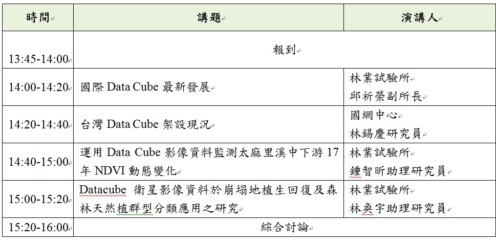 台灣Data Cube使用研討會議程表；詳情歡迎來電諮詢(02)2303-9978