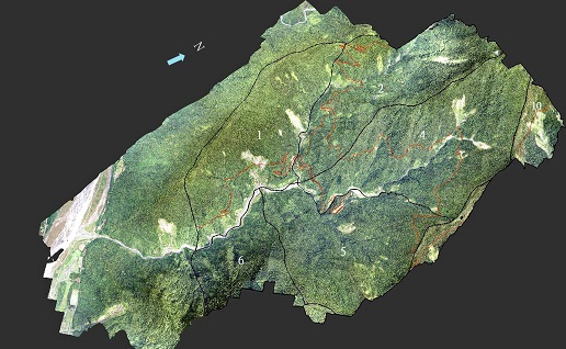 圖4. 9月23日UAV空拍六龜試驗林扇平地區共1,200公頃，顯示空拍影像3D模型套疊六龜試驗林的林班界(黑色線)及主要林道(紅色線)地理資訊圖層