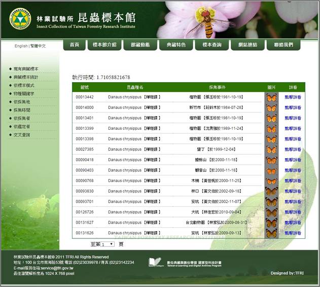 圖3.「台灣森林昆蟲標本館｣網站的標本查詢頁
