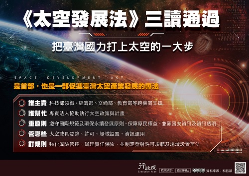 太空發展法三讀通過，把台灣國力打上太空的一大步。是首部，也是一部促進台灣太空產業發展的專法。由科技部領銜，經濟部、交通部、教育部等跨機關支援，專責法人協助執行太空政策與計畫