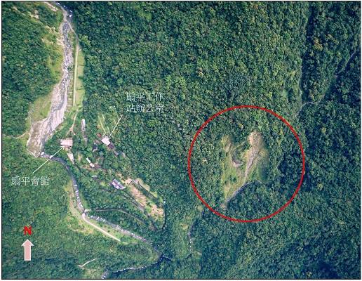 圖3. 無人機空拍的高解析度影像顯示六龜試驗林扇平工作站附近的崩塌地現況